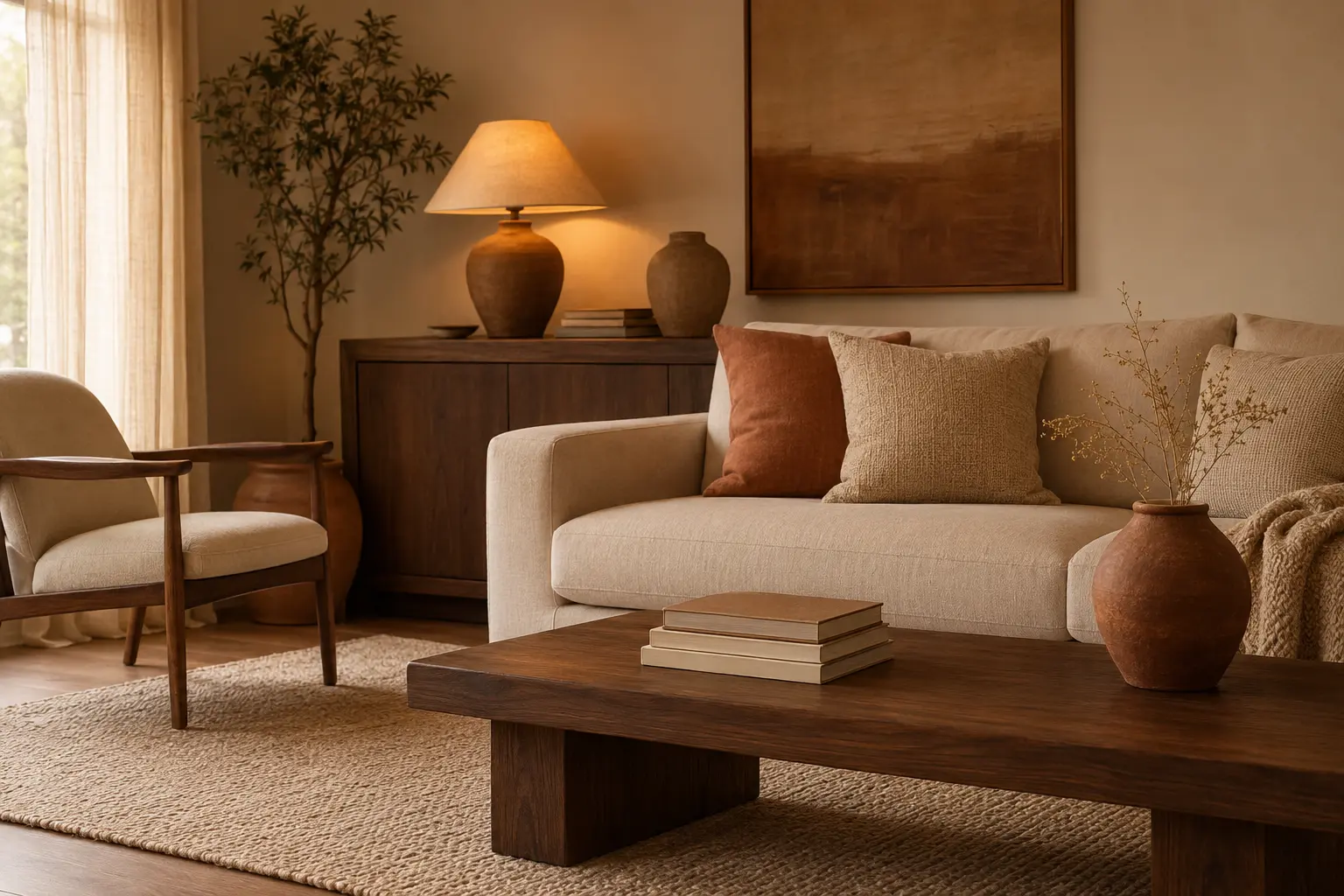 Warm styled living room in walnut and clay tones — take the room quiz