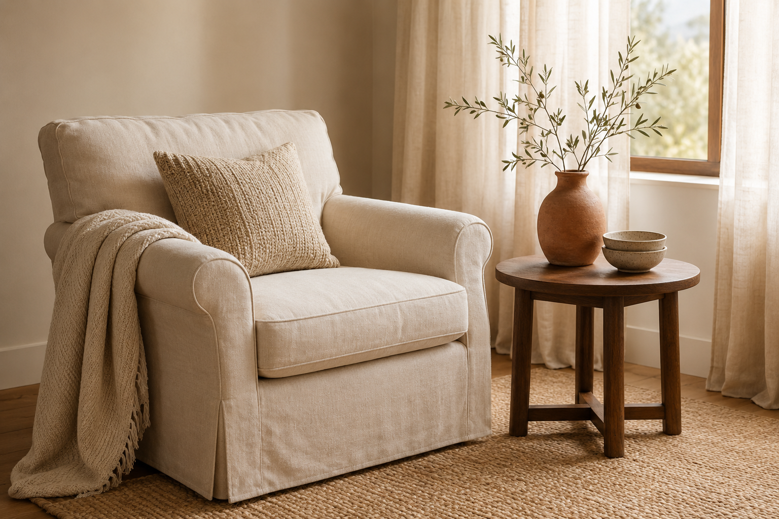 Cream armchair and walnut side table in a warm, calm living room corner